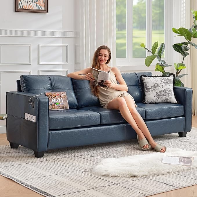 TYBOATLE 88" W Faux Leather Couch w/Side Pockets, Mid-Century Modern Tufted Comfy Leather Couches w/USB and Wider Arms, 3 Seater Sofa for Office, Apartment, Bedroom, Blue