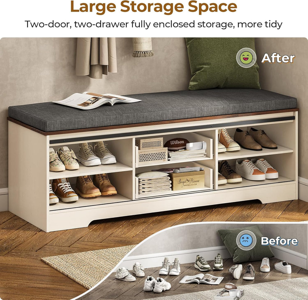 UPOSOJA 60“ Farmhouse Storage Bench with Cushion, Shoe Rack with Slide Barn D...