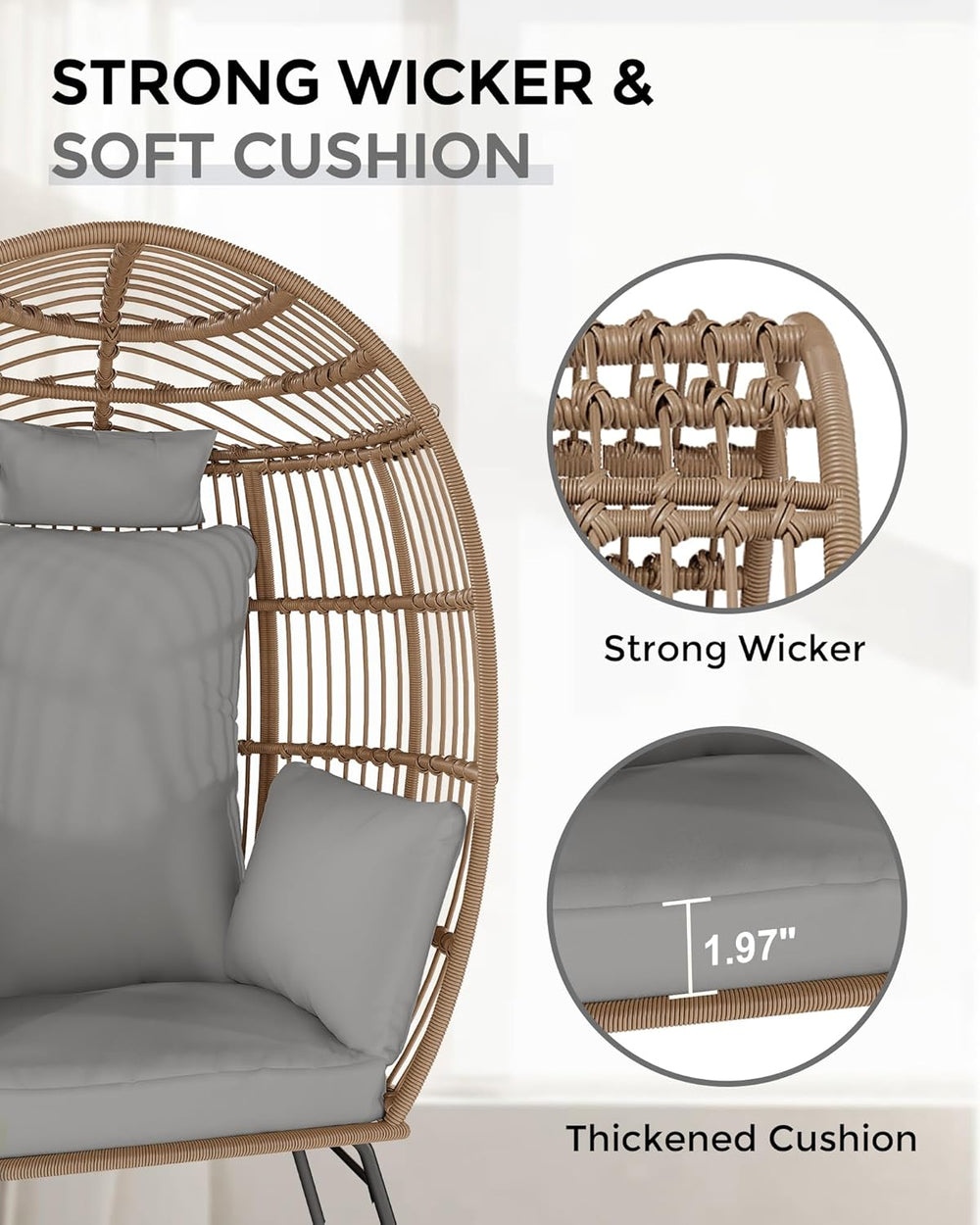 Wicker Egg Chair with Ottoman, Oversized Egg Shaped Lounge Chair with Thick C...