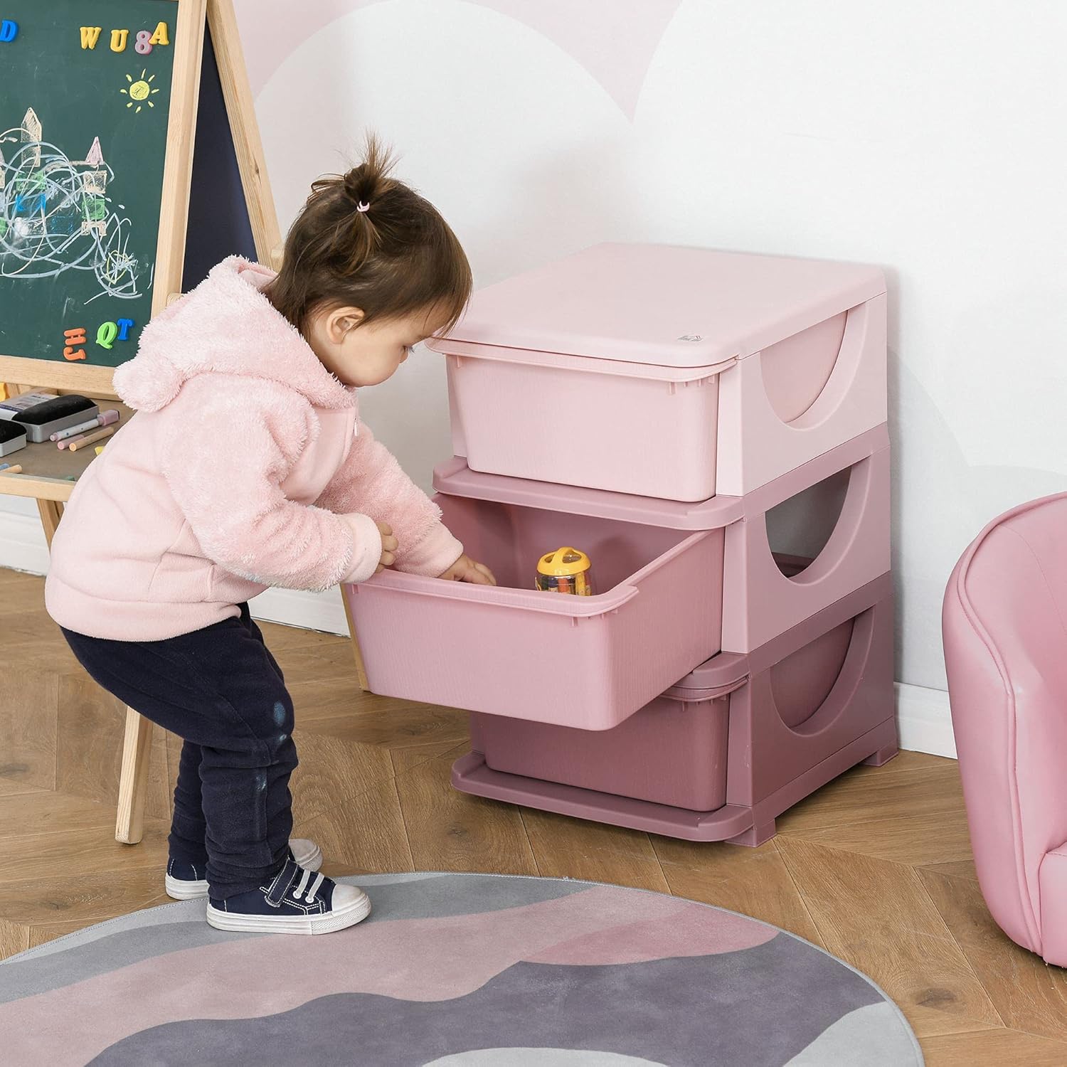 Qaba 3 Tier Kids Storage Unit, 3 Drawer Chest Toy Organizer Plastic Bins for Kids Bedroom Nursery Kindergarten Living Room for Boys Girls Toddlers, Pink