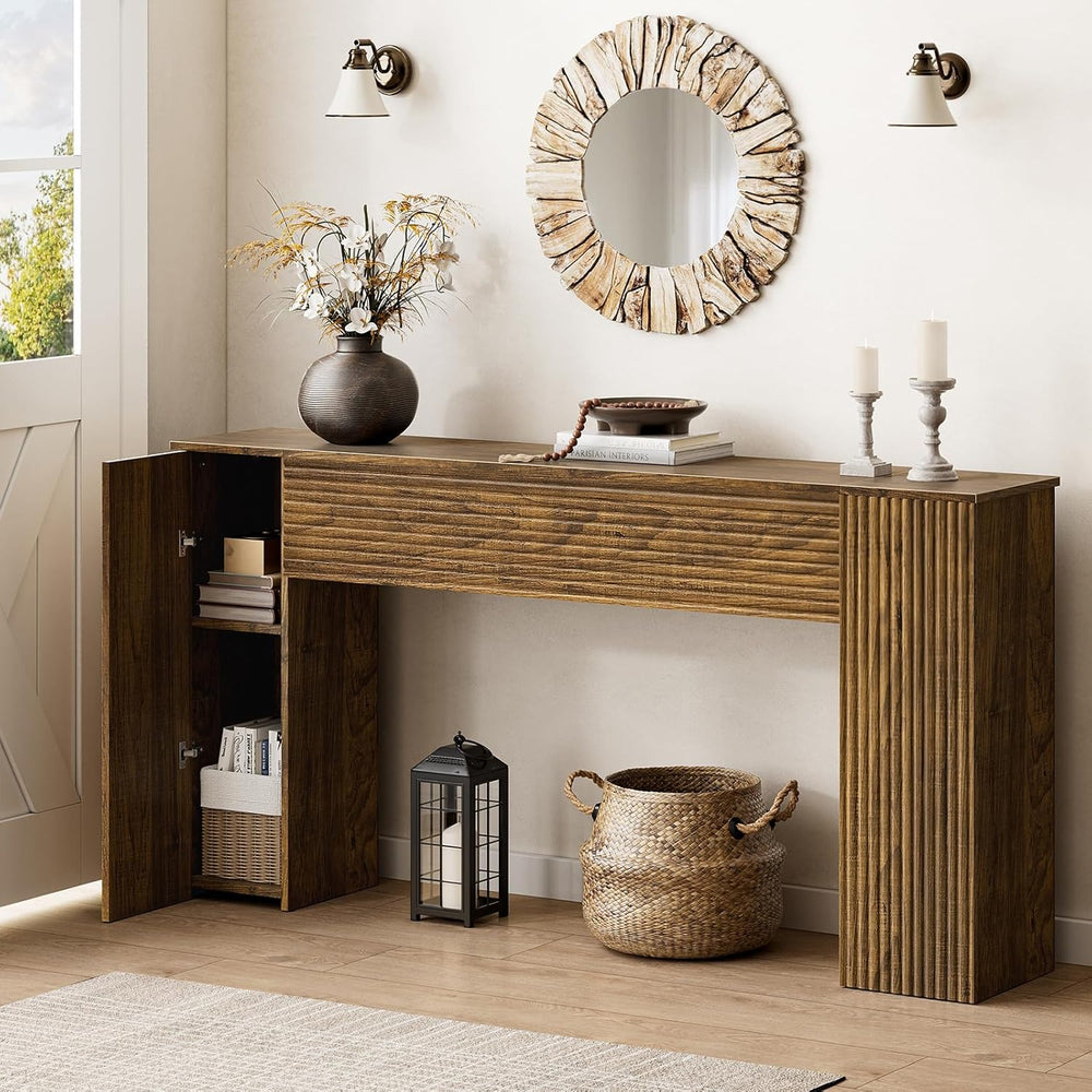 FABATO 61'' Fluted Long Console Table, Wooden Rectangular Sofa Table ...