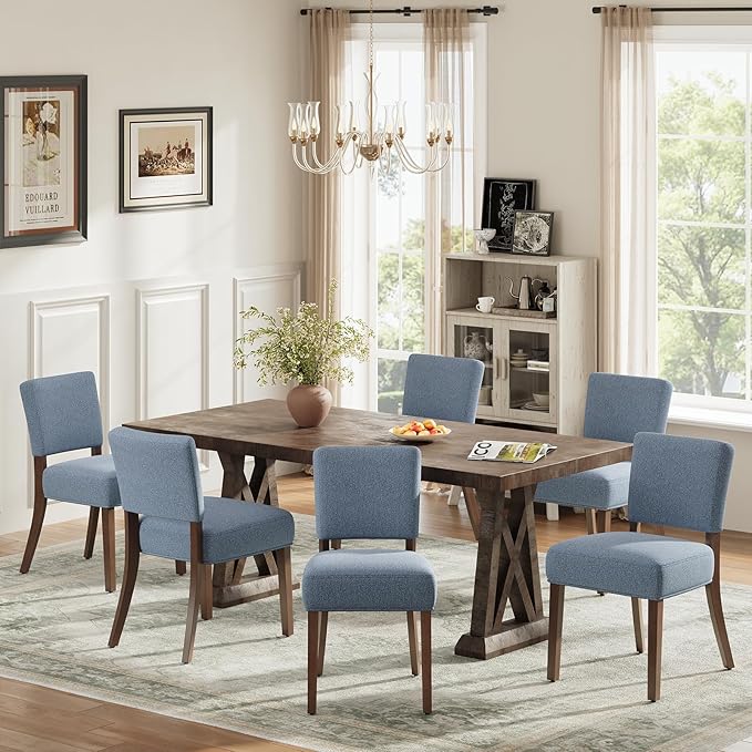 Upholstered Dining Chairs Set of 6, Fabric Kitchen Chairs with Padded Seat & Back, Solid Wood Legs, Modern Simple Dining Room Chairs for Kitchen, Dining Room, Living Room, Blue