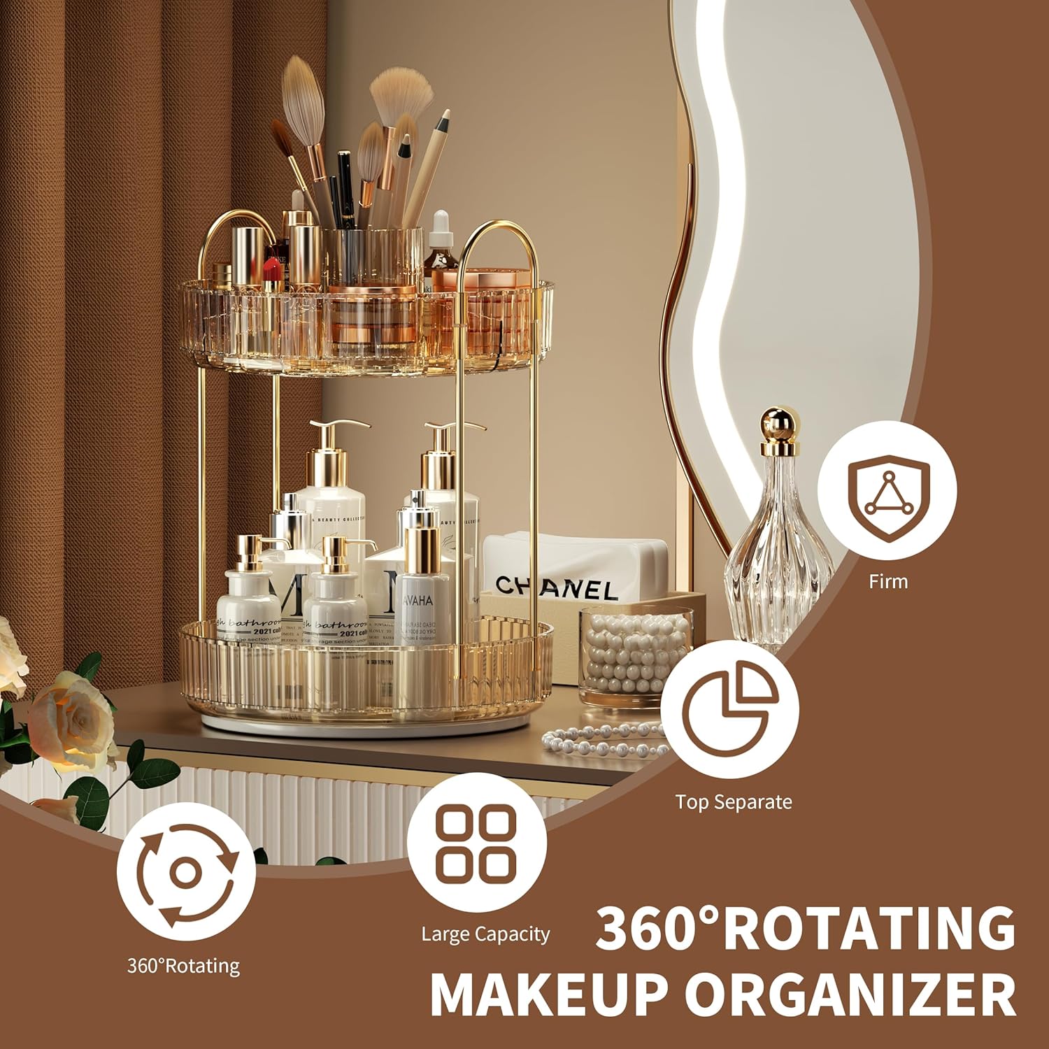 YCIA&DONE Rotating Makeup Organizer for Vanity, Large Capacity Make Up Storage Skin care Shelf Perfume Holders Cosmetic Dresser Organizer Countertop Spinning 360 (Amber Gold, 2Tiers)
