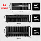 Magnetic Socket Holder Set with Handle, Portable Socket Organizer, Heavy Duty Socket Racks, 76 standard Sockets for Tool Box (Black, 3 Pcs Set-1/4", 3/8" & 1/2")