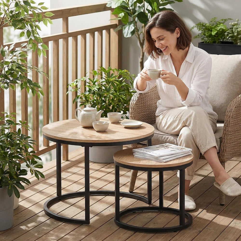 CENSI 24" Natural Oak Round Nesting Coffee Table Set of 2 | Accent Nesti...