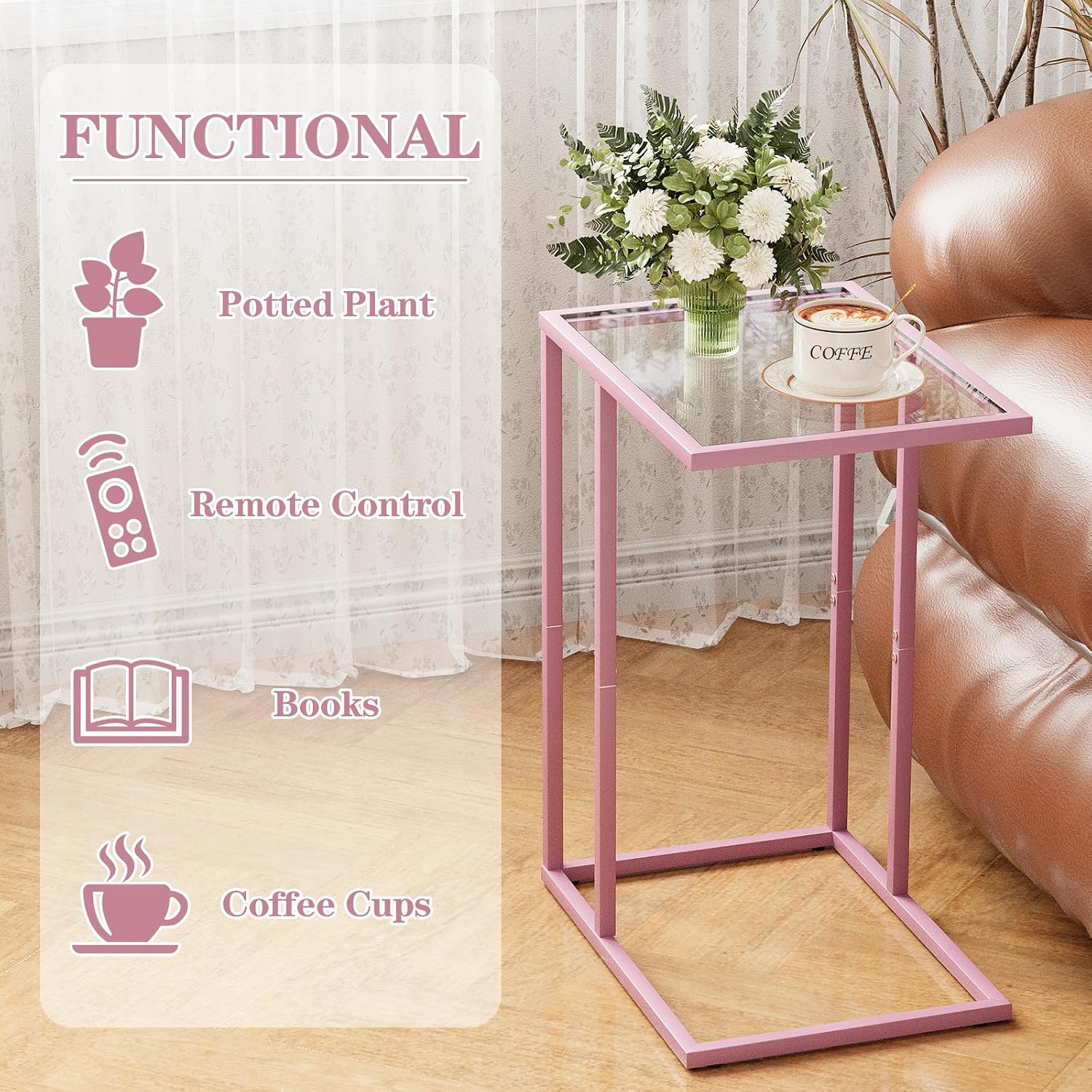 C Shaped End Table, Side End Tables for Living Room,Glass Sofa Couch Table with Metal Frame, Small Tv Tray Snack Dinner Table for Bedroom, Small Spaces, Easy Assembly (Pink)