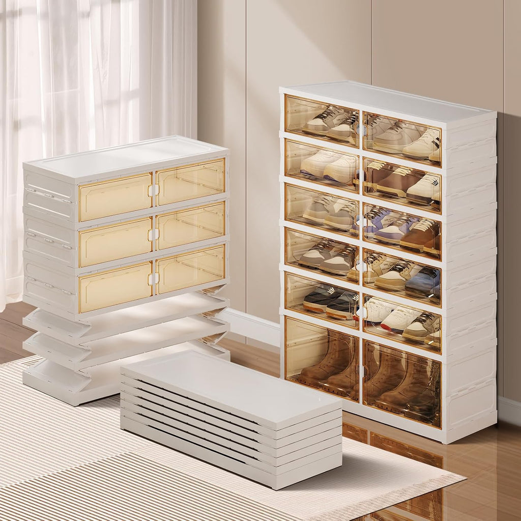 CIMLORD 6-Tier Foldable Shoe Rack Organizer with Wheels, 18 Pairs, White | Collapsible Large Plastic Shoe Cabinet, Fits Boots, Stackable, Clear Doors, Easy Assembly, Closet, Entryway, Living Room