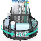 YINGHUA Metal Mesh Desk Organizer with 5 Compartments and Rotating Pencil Holder Pen and Stationery Organizer for Office Home School Anti Slip Base Black