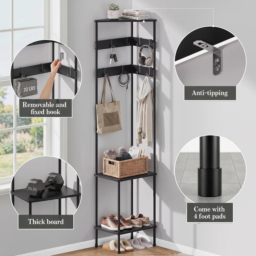 Corner Coat Rack Freestanding with Shelves and 8 Hooks, Black