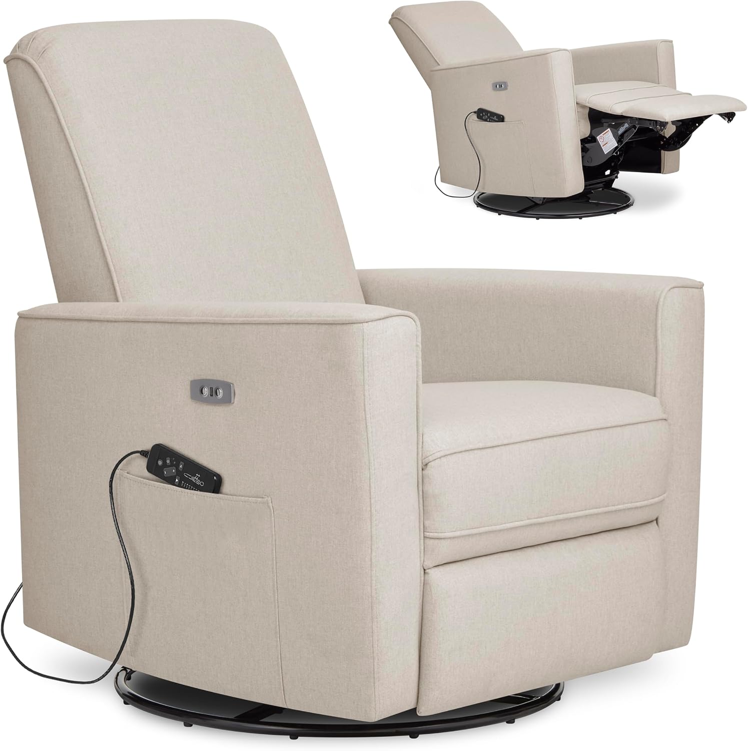 Evolur Harlow Deluxe Upholstered Plush Seating Glide Rocker, Swivel, Power Recliner USB Port with in-Built Massager, Greenguard Gold Certified, Glider Chair for Nursery in Light Sand