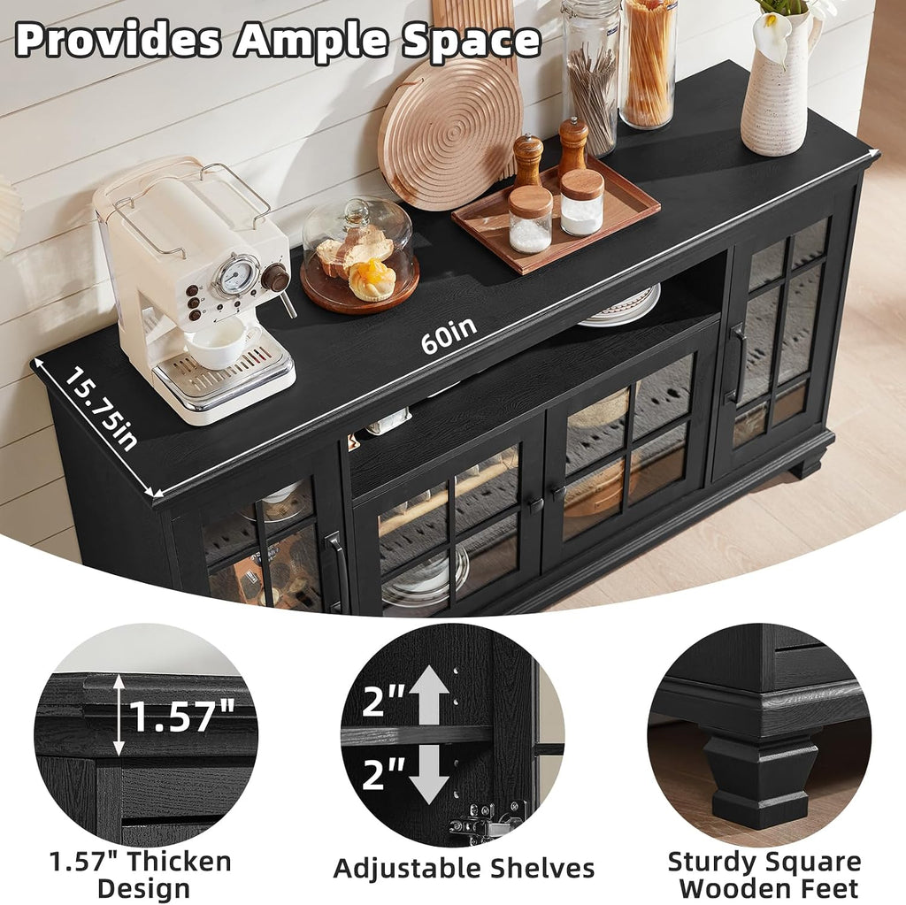 SAVOR LIFE 60-Inch Sideboard Buffet with Glass Doors, Black | 60-inch wood buffet with four glass doors, adjustable shelves and open storage for tableware, coffee bars and display