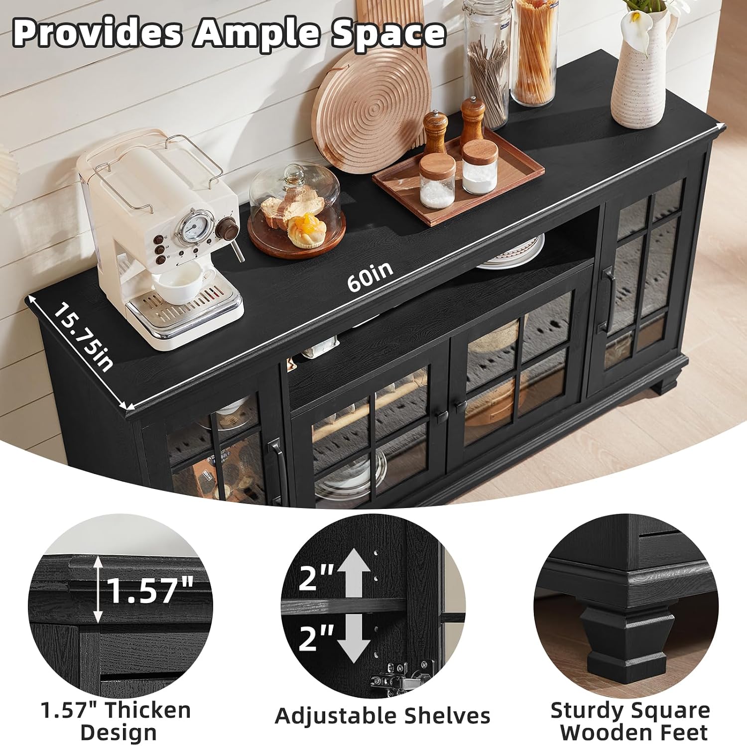 SAVOR LIFE 60-Inch Sideboard Buffet with Glass Doors, Black | 60-inch wood buffet with four glass doors, adjustable shelves and open storage for tableware, coffee bars and display