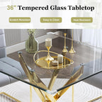 Square Glass Dining Table Set for 4, Modern 36" Clear Tempered Glass Kitchen Table and 4 Grey PU Leather Upholstered Chairs with Gold Stainless Steel Legs, for Apartment, Small Space