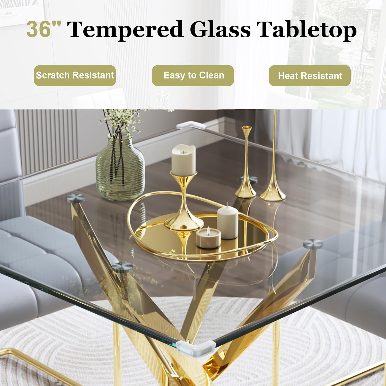Square Glass Dining Table Set for 4, Modern 36" Clear Tempered Glass Kitchen Table and 4 Grey PU Leather Upholstered Chairs with Gold Stainless Steel Legs, for Apartment, Small Space