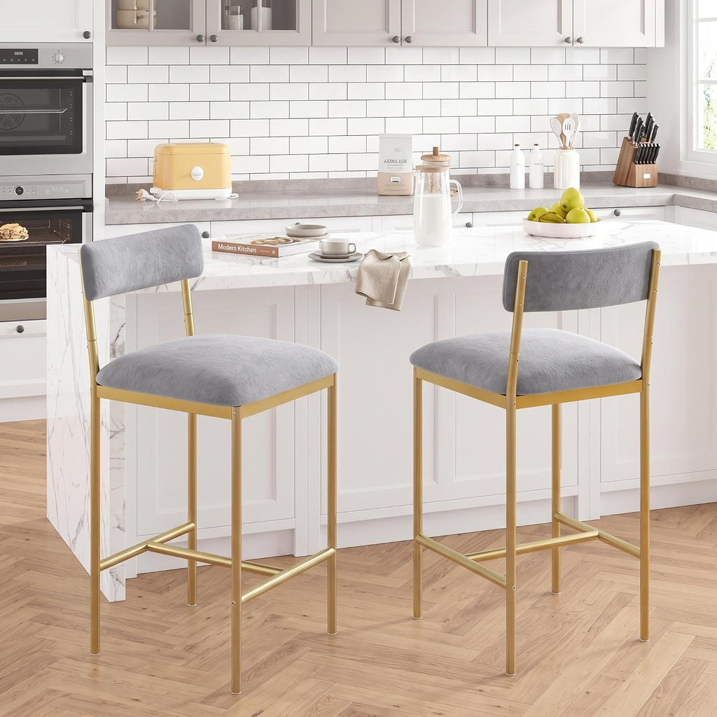 IDEALHOUSE Elegant Bar Stools Set of 2 - with Backrest and Footrest | Gold & Velvet Grey Upholstery, 65cm Counter Height, Metal Frame - Perfect for Kitchen Island & Counter - Two Pack Bar Chairs