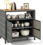 RELAX4LIFE Wicker Outdoor Bar Cabinet - PE Rattan Patio Bar Table w/Acacia Wood Countertop, Open Shelf & 2 Doors, Buffet Sideboard Organizer for Garden Backyard Pool, Outside Storage Cabinet (Grey)