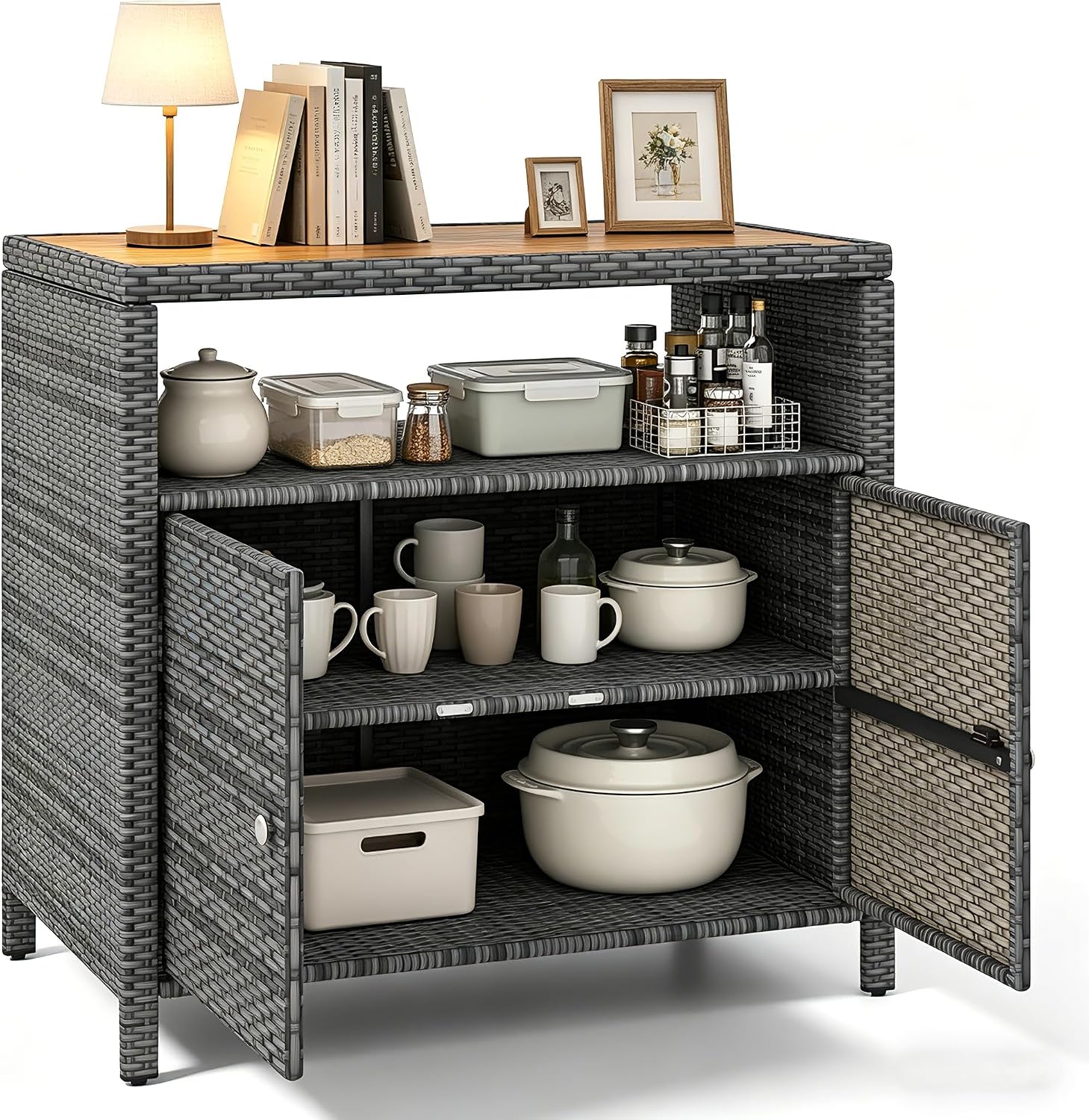 RELAX4LIFE Wicker Outdoor Bar Cabinet - PE Rattan Patio Bar Table w/Acacia Wood Countertop, Open Shelf & 2 Doors, Buffet Sideboard Organizer for Garden Backyard Pool, Outside Storage Cabinet (Grey)