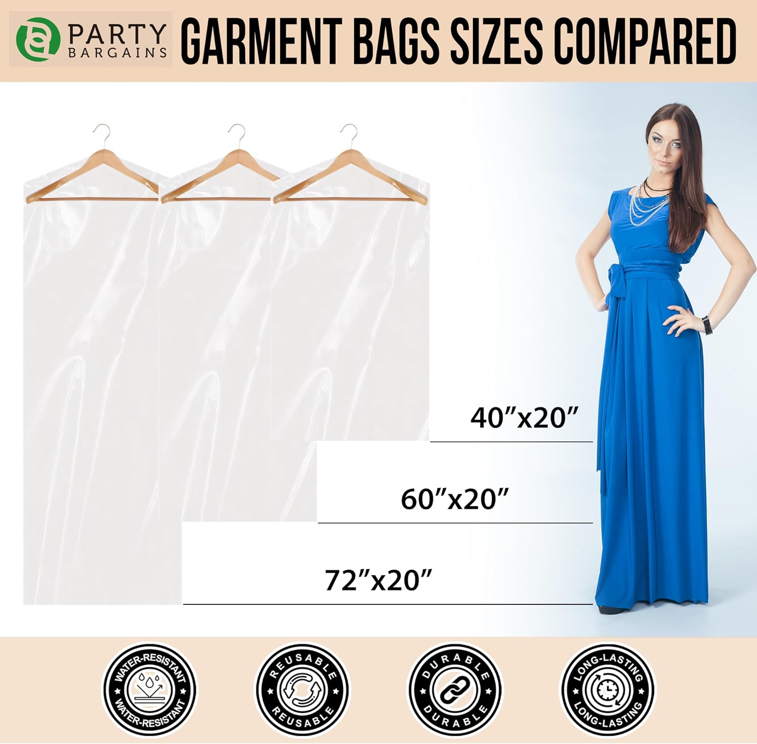 PARTY BARGAINS 40 x 20 Inch Disposable Clear Garment Bags, 50 Pack – Heavy-Duty Plastic Clothes Covers for Suits Dresses Coats, Closet & Travel