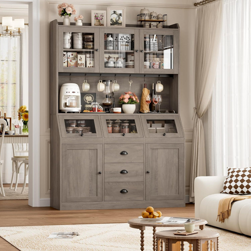 HIFIT 71.4” H Kitchen Hutch Pantry Cabinet with 3 Bread Boxes&7 Metal Hoo...