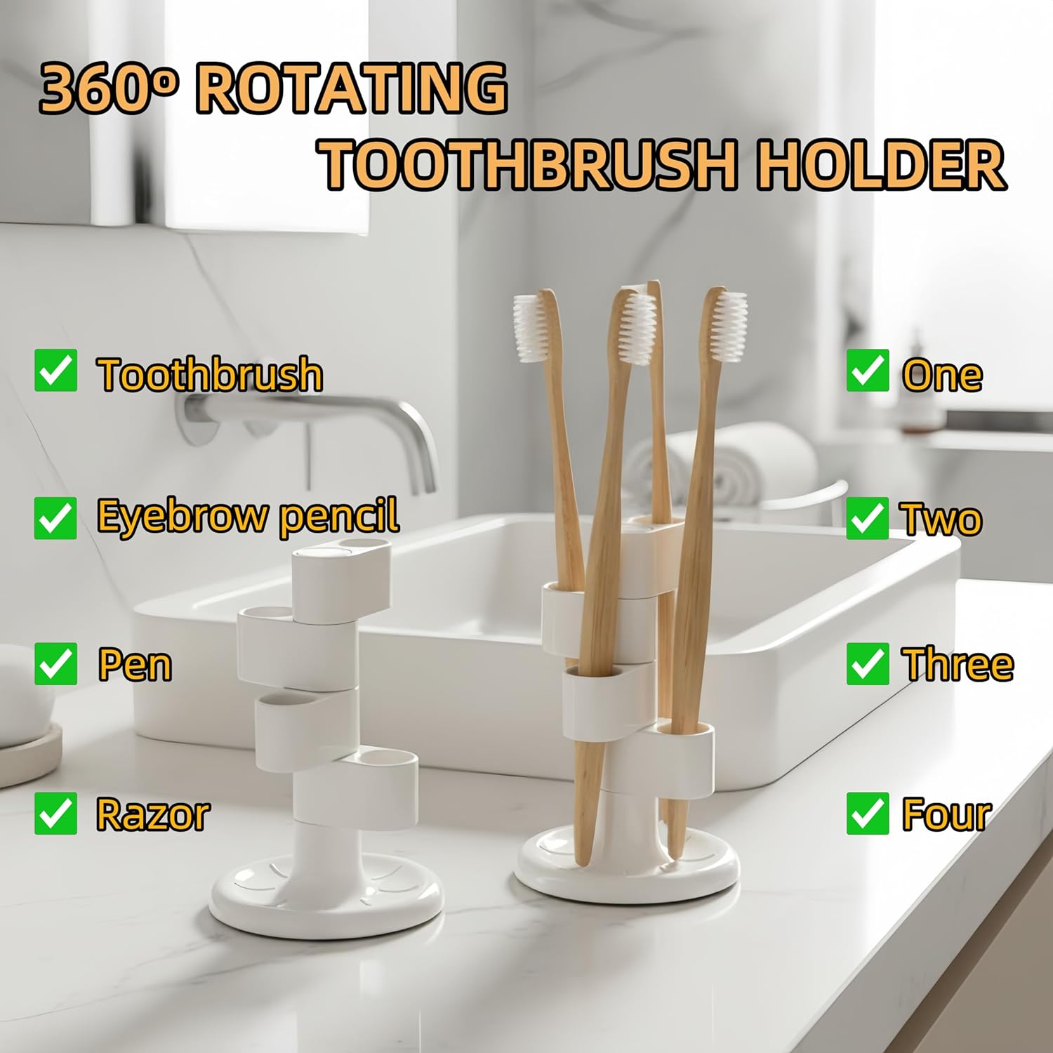2-Pack 360° Rotating Toothbrush Organizer with Non-Slip Base, Bathroom Countertop Holder for Razors, Makeup Brushes and Toothbrush Storage, Compact Space-Saving Stand White