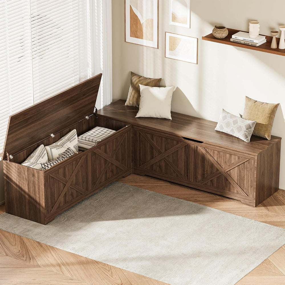 L Shaped Storage Bench, 63" Corner Bench with Storage, Breakfast Nook Be...