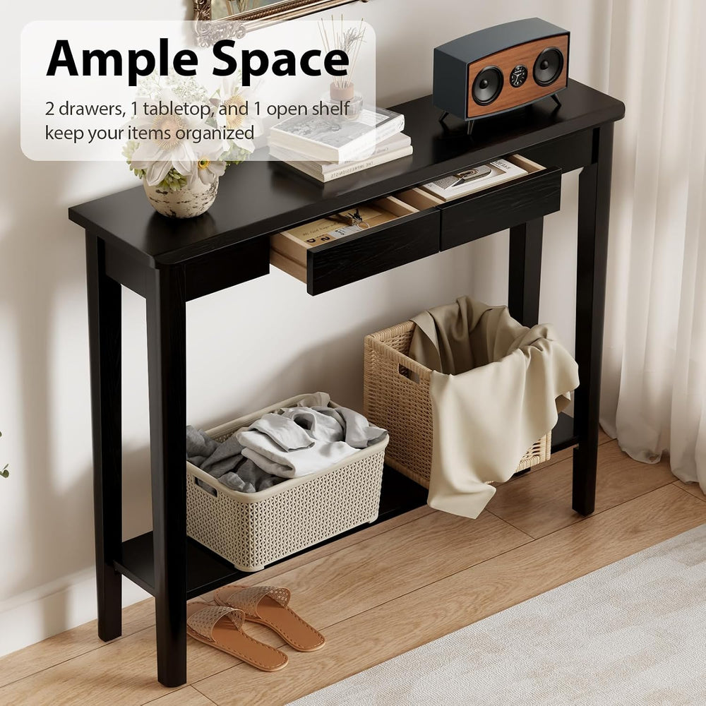 AQIMUELE Wood Console Table with Drawers, Mid Century Modern Console Table Bl...
