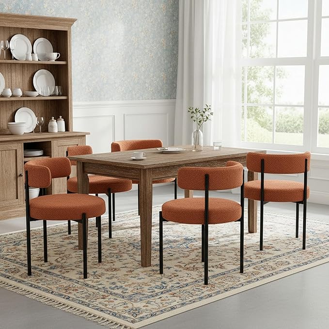 Boucle Dining Chairs Set of 4, Rust Dining Chairs with Upholstered Seat and Round Back, Mid-Century Modern Kitchen Chairs for Dining Room, Restaurant