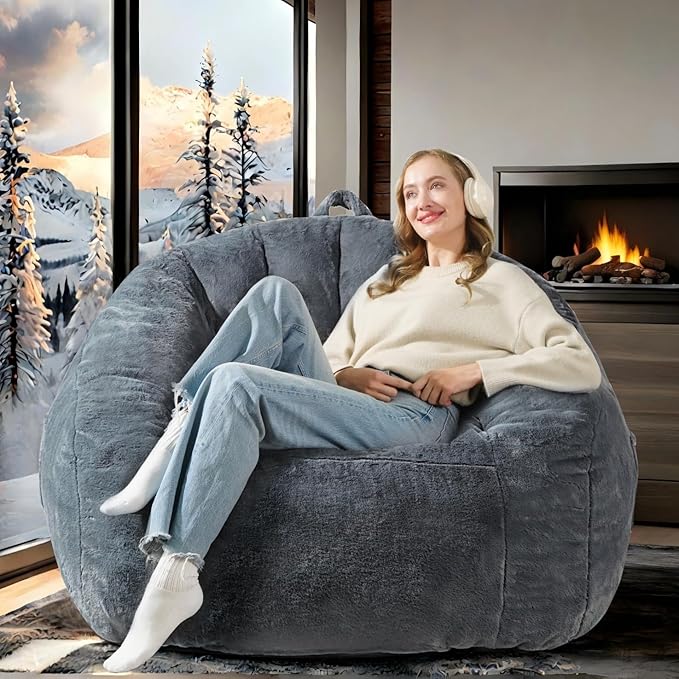 Giant Bean Bag Chair for Adults and Kids, BeanBag Couch Filler with Memory Foam, Ergonomic Faux Fur Shell-Shaped Boneless Chair and Reading Living Room, Bedroom, Grey