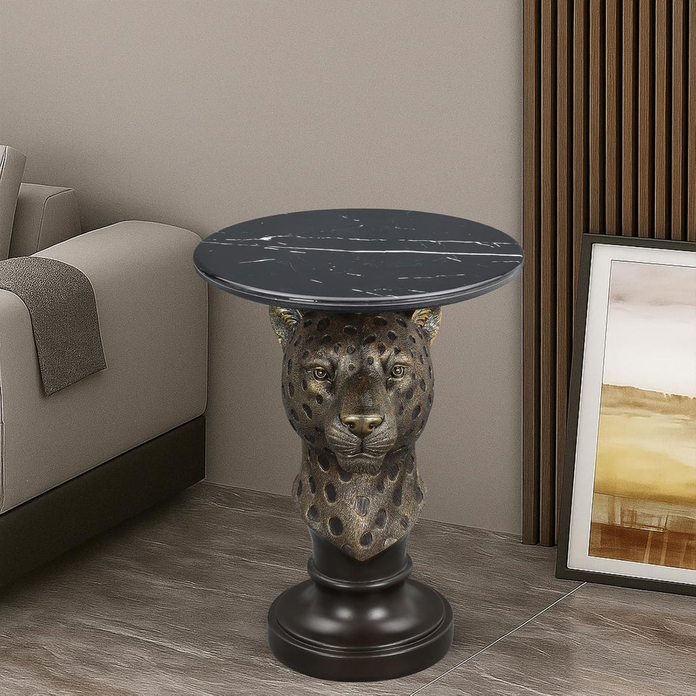 Creative Leopard Head Side Table with Faux Marble Top - Resin Animal Statue E...