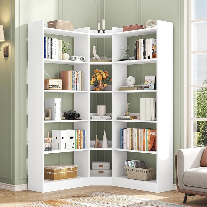 6 Tiers Corner Bookshelf, 63.1" Tall Modern Corner Etagere Bookcase Storage Display Rack Book Shelf with Baffle, Industrial L Shaped Bookshelves for Bedroom, Home Office, Living Room, White