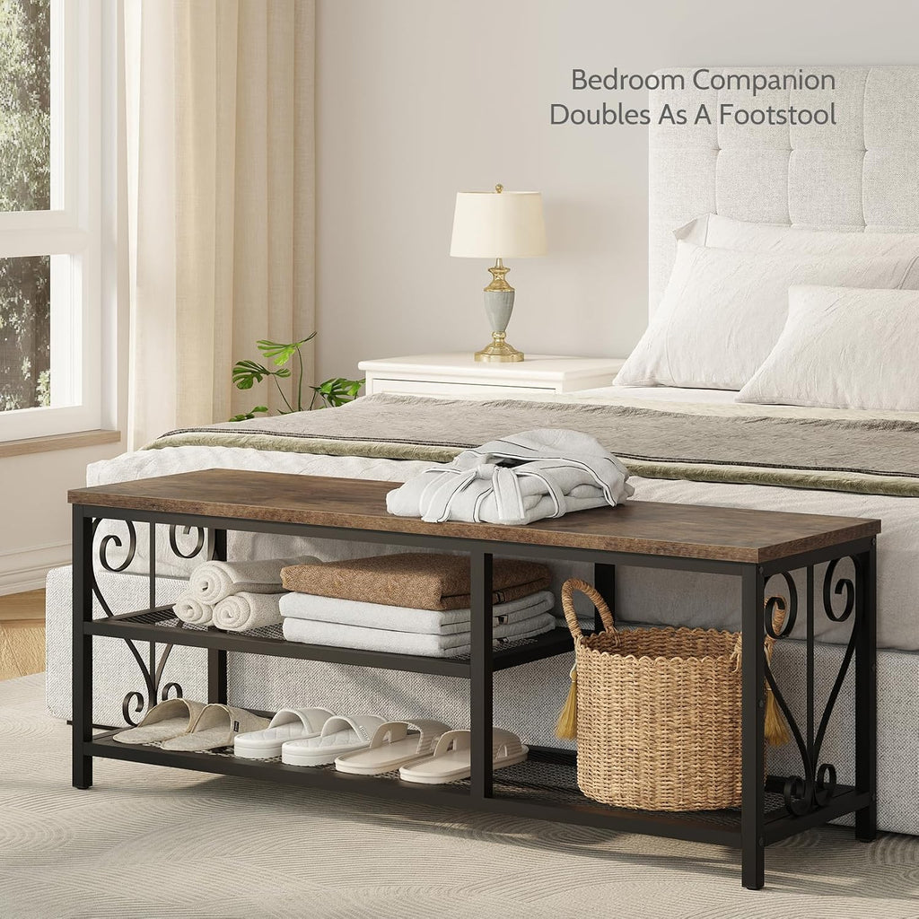 Entryway Storage Bench with Shoe Rack, 47.2" Wide Hallway Bench with Seating, Rustic Wood Top & Metal Frame, 2-Tier Shoe Organizer for Entryway, Bedroom, or Living Room, Brown