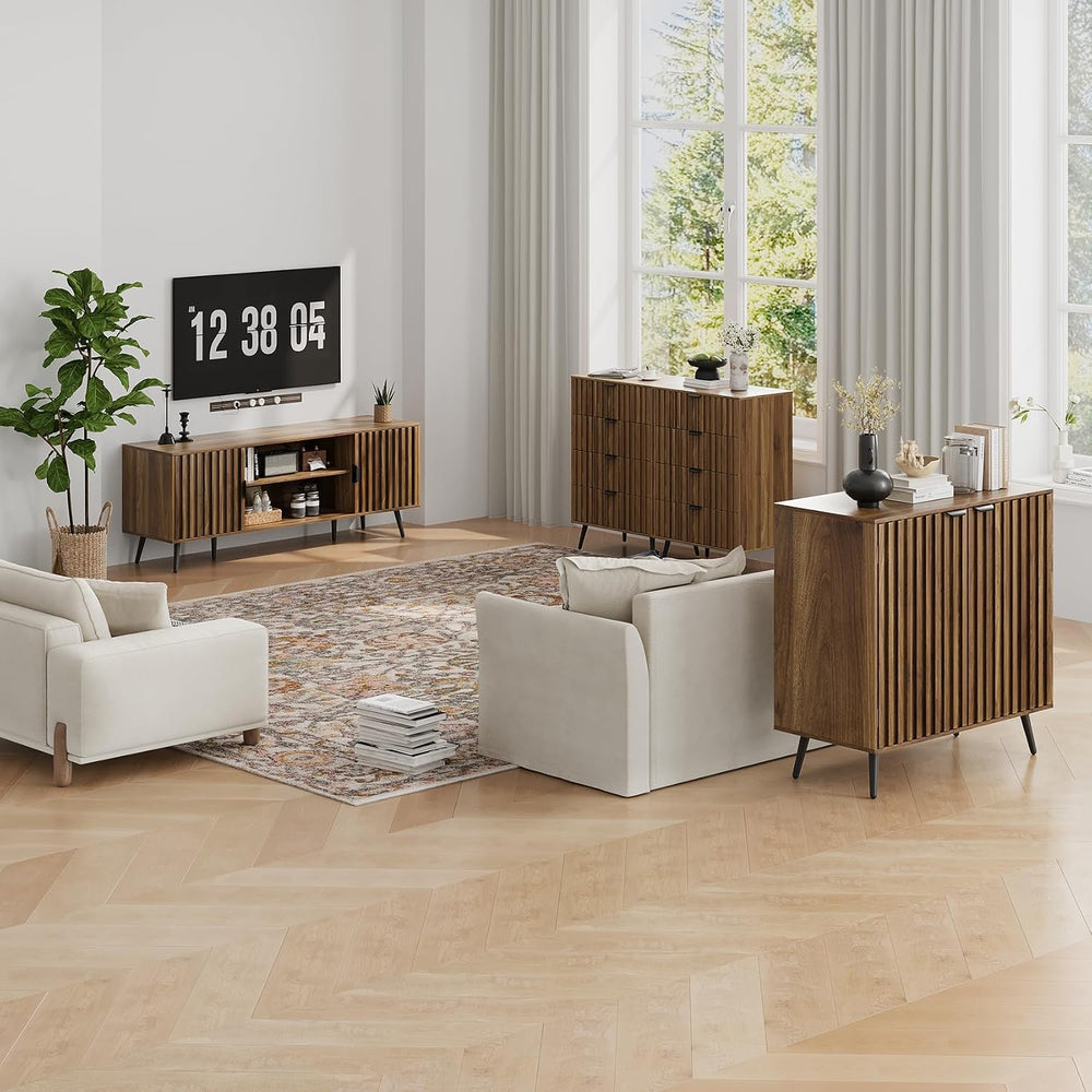 Walnut Buffet Cabinet with Storage, Sideboard Cabinet with Fluted Doors and M...