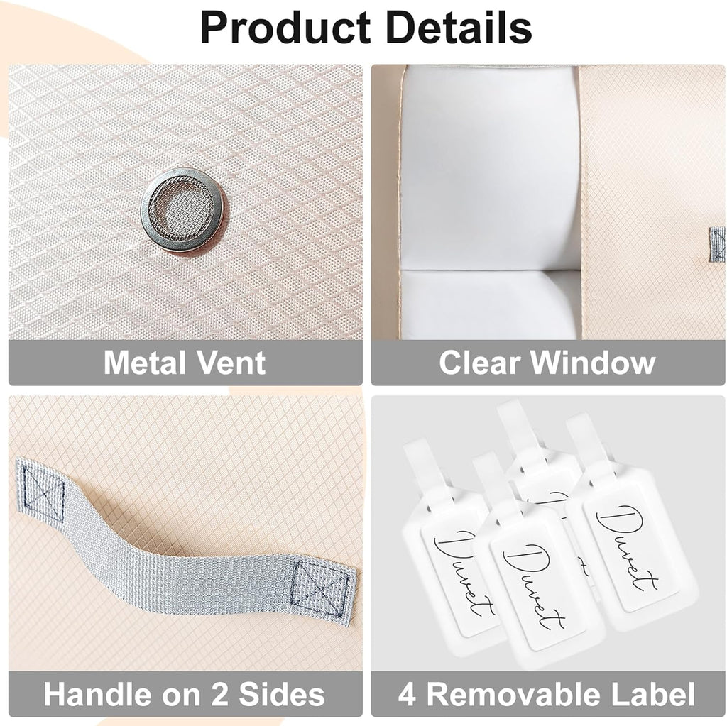 Comforter Storage Bag - 130L Large Capacity Blanket Storage Bags 3-Layer Ultra Space Saving Self Compression Organizer, Washable Compression Bags for Storage Comforter Blanket, 4-Pack, Beige