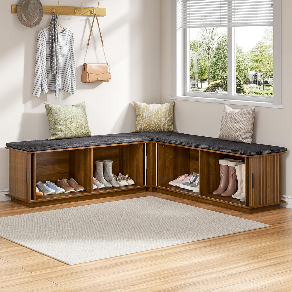 Corner Storage Bench with Hidden Storage, L-Shaped Shoe Bench with Cushion, S...