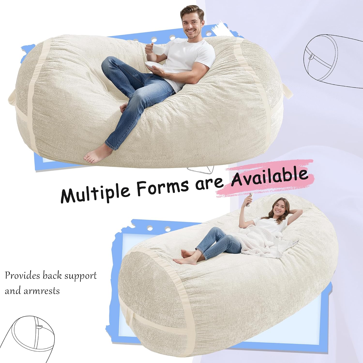 Homguava 6FT Bean Bag Chair Giant Bean Bag Chairs for Adults with Memory Foam Filled,Beanbag Chair with Soft Faux Fur Cover,Comfy Bean Bag Sofa Lounger for Living Room,Game Room,Bedroom