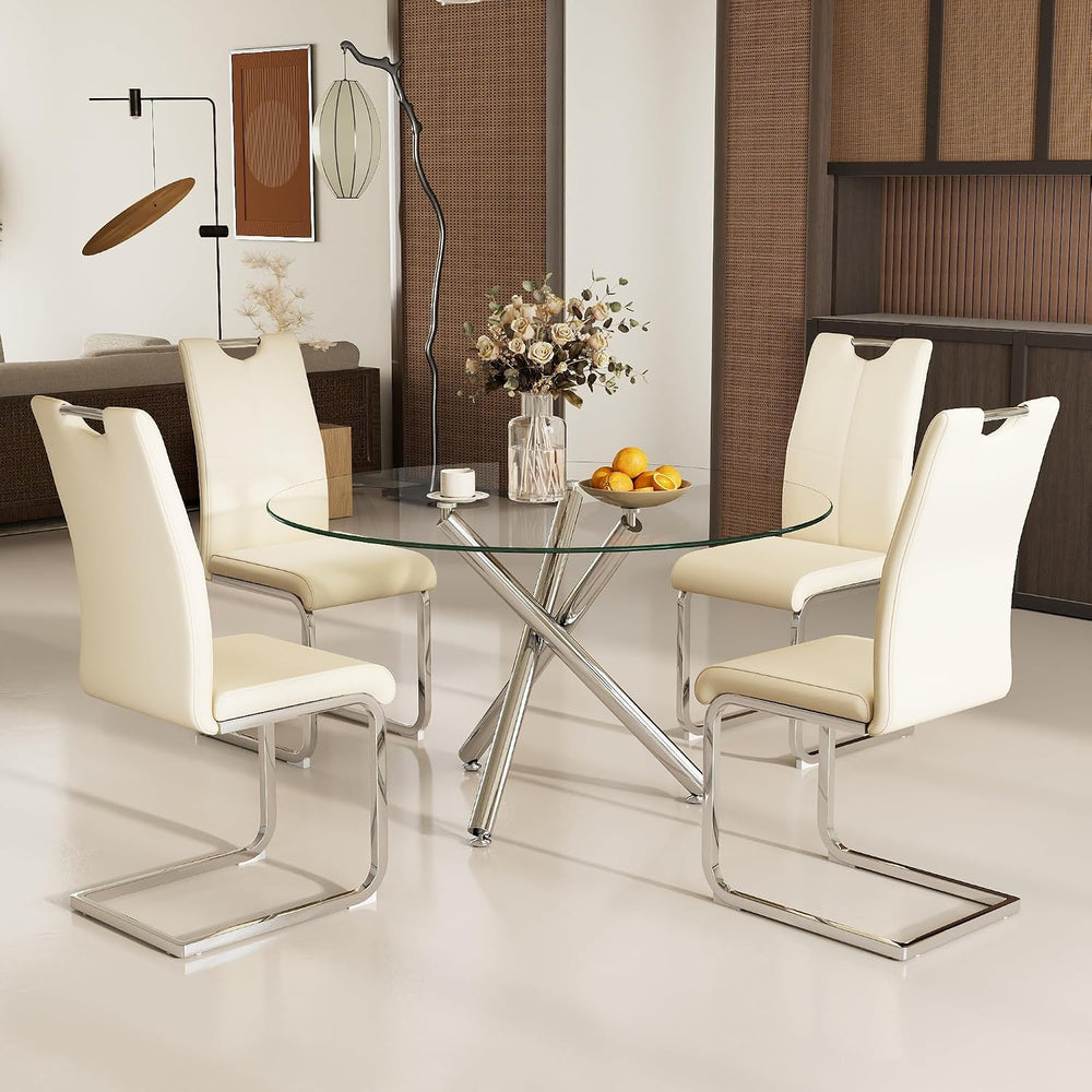 Modern Luxury Round Glass Dining Set for 4, 5 Pieces Clear Circle Glass Kitch...