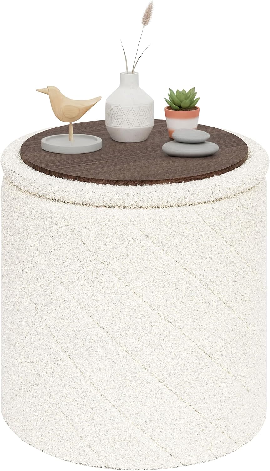 PINPLUS Ottoman with Stroage Round Boucle Ottoman and Tray Sherpa Removable F...