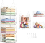 4" Extra Deeper Foldable Hanging Closet Organizer, Small Wire Cabinet Shelves and Storage with 5 S Hooks,4 Tier Metal Basket Bins for Clothes Sweaters Handbags, Wardrobe for Kitchen Laundry Room，White