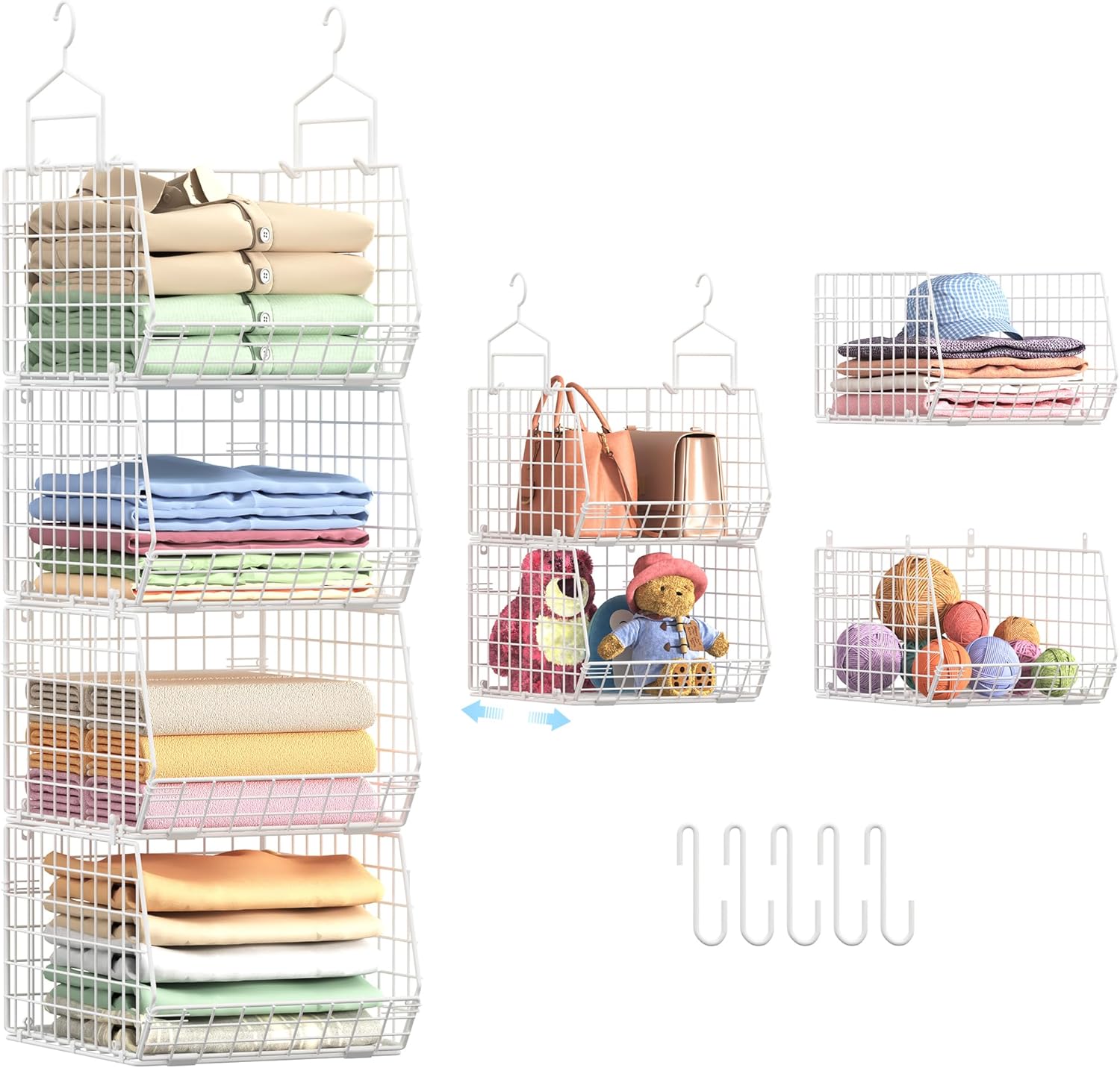 4" Extra Deeper Foldable Hanging Closet Organizer, Small Wire Cabinet Shelves and Storage with 5 S Hooks,4 Tier Metal Basket Bins for Clothes Sweaters Handbags, Wardrobe for Kitchen Laundry Room，White