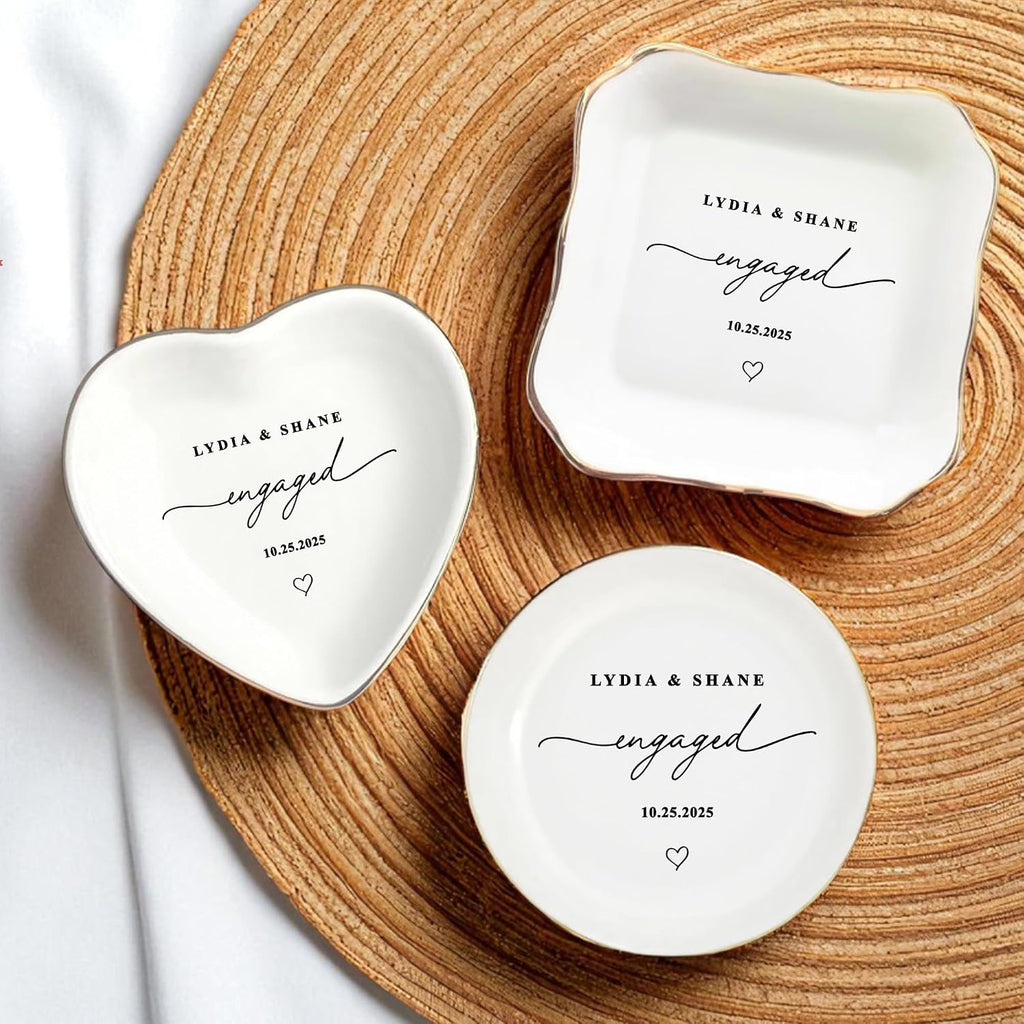 Personalized Ring Dish Engagement Gift for Couples - Custom Ceramic Jewelry Tray for Bride, Her, Women & Friends - Monogrammed Wedding Gifts, Trinket Dish for Rings and Earrings, Bridal Shower Gift