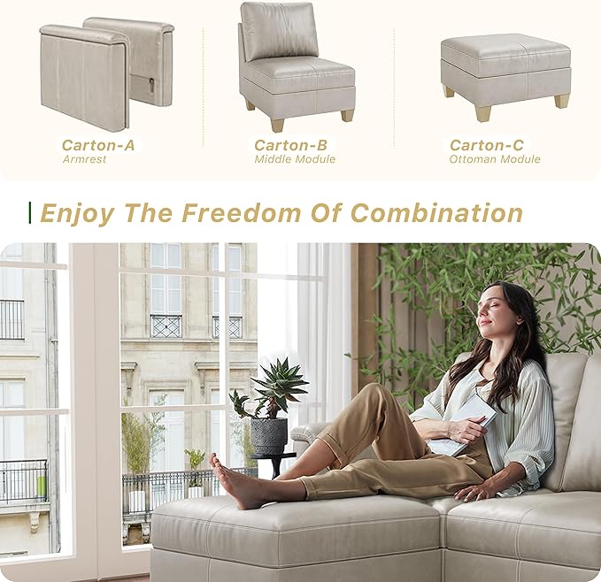 SITJOY 118" Faux Leather Modular Sectional Sofa with Storage, Mid Century Modern Sectional Couches for Living Room, Soft Padded Armrests, 7 Seat L Shaped Couch with Ottoman, Greige