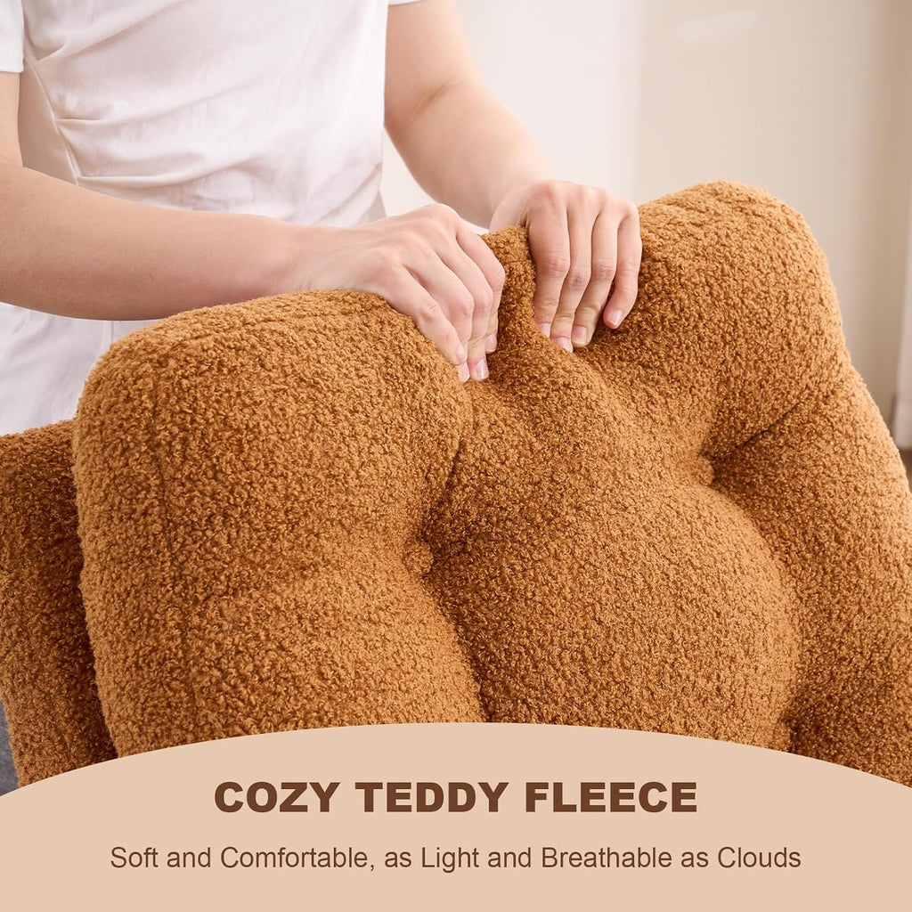 Nursery Rocking Chair,Rubber Wood Base Glider Rocking Chair with Adjustable Footrest and Side Pocket,Teddy Fleece Glider Rocker for Living Room, Bedroom (Teddy Fleece, Caramel)