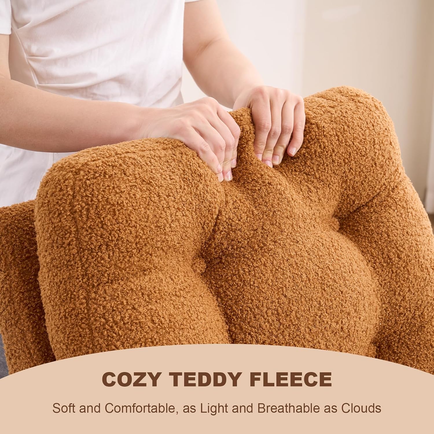 Nursery Rocking Chair,Rubber Wood Base Glider Rocking Chair with Adjustable Footrest and Side Pocket,Teddy Fleece Glider Rocker for Living Room, Bedroom (Teddy Fleece, Caramel)