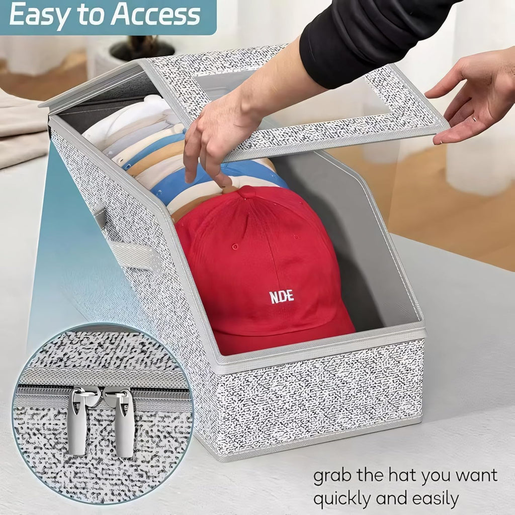 2 PCS Stackable Hat Storage for Baseball Caps with 4 Hat Hooks, Holds up to 24 Caps Hat Organizer for Closet, Sturdy Snapback Boxes for Men with Cardboard