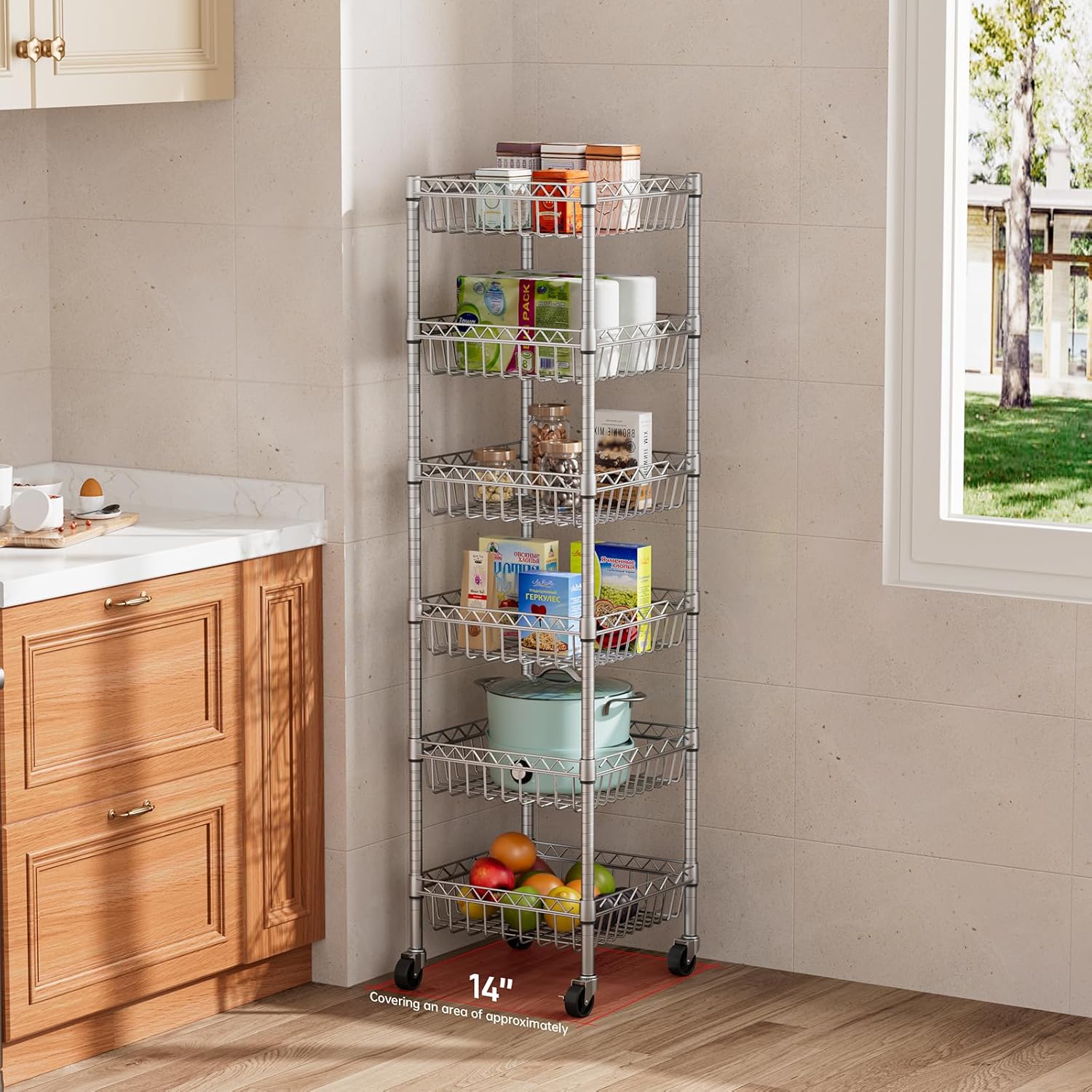 6 Shelves Storage Shelf Wire Closet Bathroom Organizers Metal Pantry Kitchen Garage Shelving Unit Laundry Room Organization Home Rack Net Basket Silver with Wheels 14" Dx14 Wx64.8 H