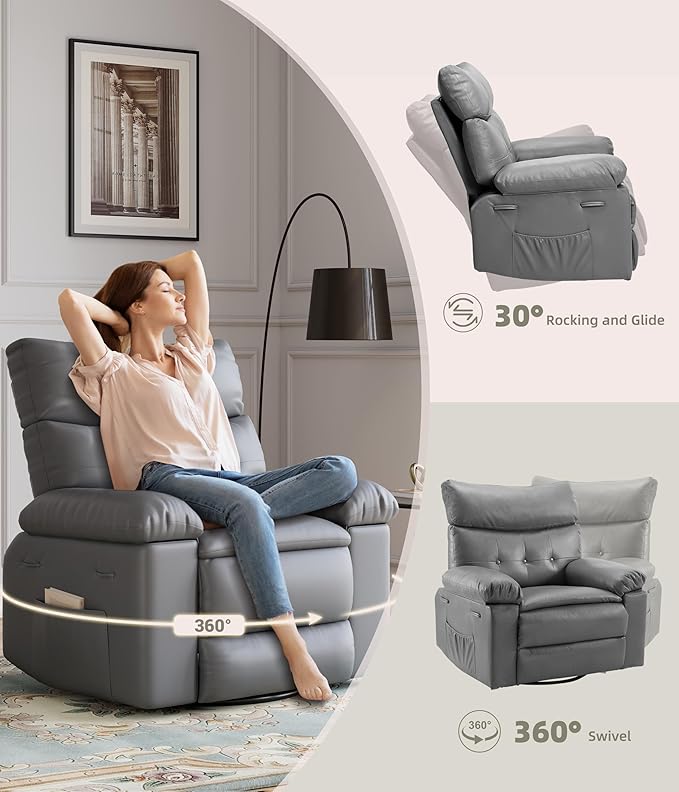 GarveeHome Oversized Rocker Swivel Recliner Chair - PU Leather Extra Wide Manual Recliner for Adults, Large Lazy Chair with 1.5X Sponge Comfort Arm and Back for Living Room, Bedroom