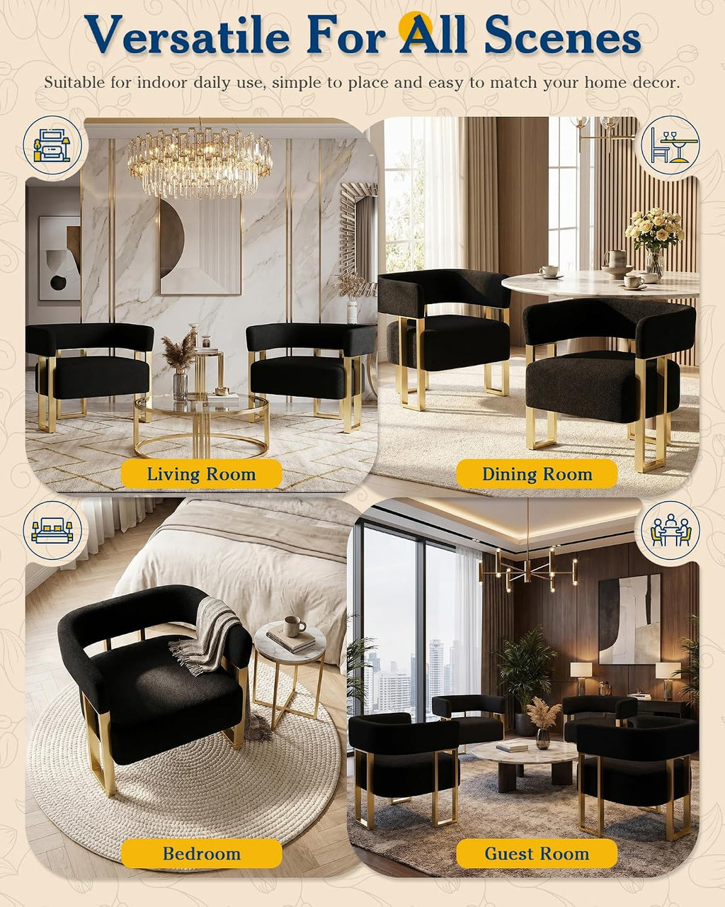 Mid Century Modern Accent Chair Set of 2, Barrel, Black Boucle, Gold Leg | AODAILIHB Upholstered Comfy Luxury Living Room Chairs, Cloud Armchair Set w/ Curved Back For Bedroom Dorm Office Lounge Decor
