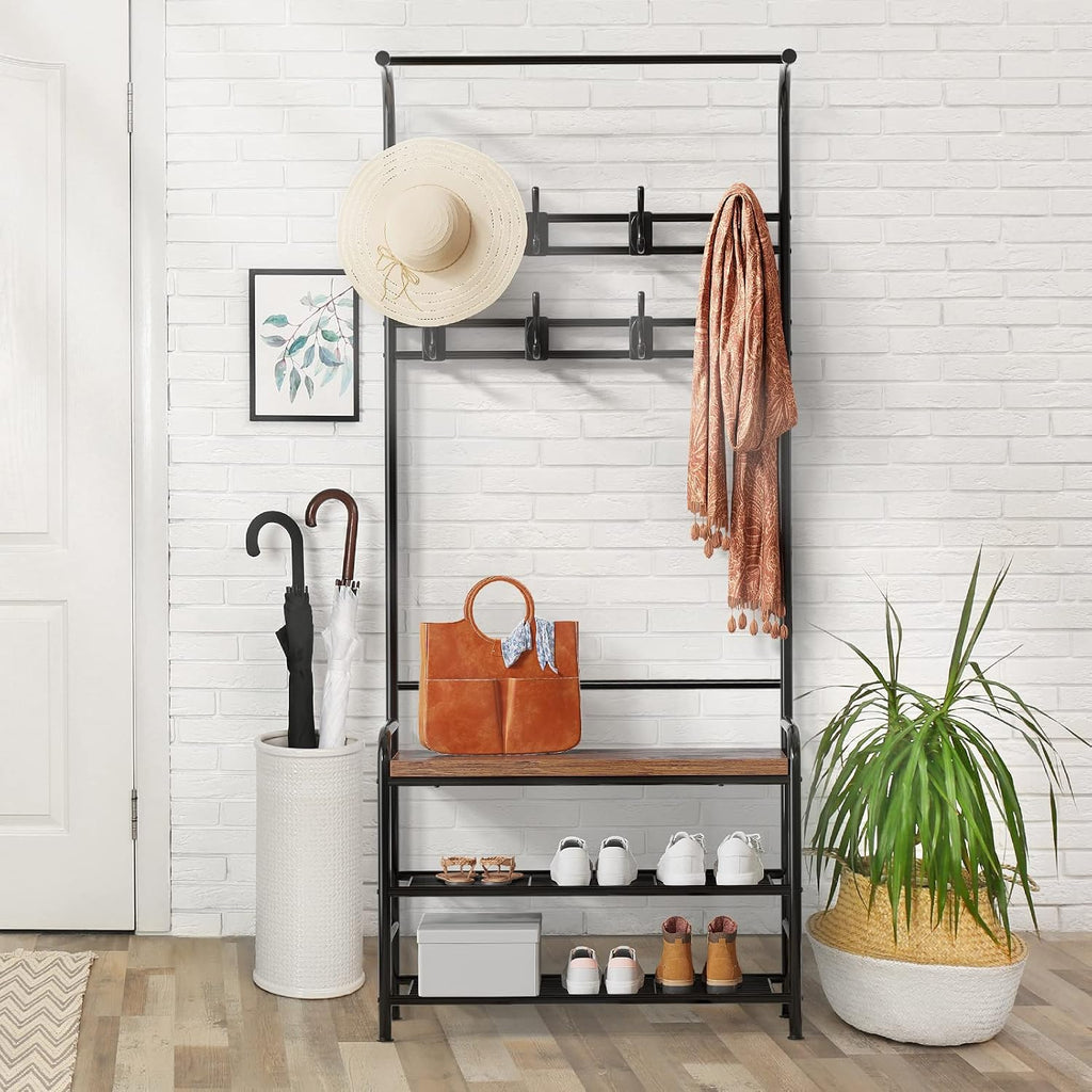 IDEALHOUSE Hall Tree with Entryway Bench with Coat Rack Shoe Rack Bench, 3 in 1 Hall Tree with Bench and Shoe Storage, 3-Tier Storage Shelf and 8 Hooks, Black, 23.6"(W) x 11.8"(D) x 70.1"(H)