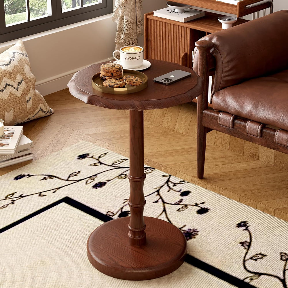 Vintage Pedestal Side Table, 100% Solid Wood Round End Table, Walnut | Small ...