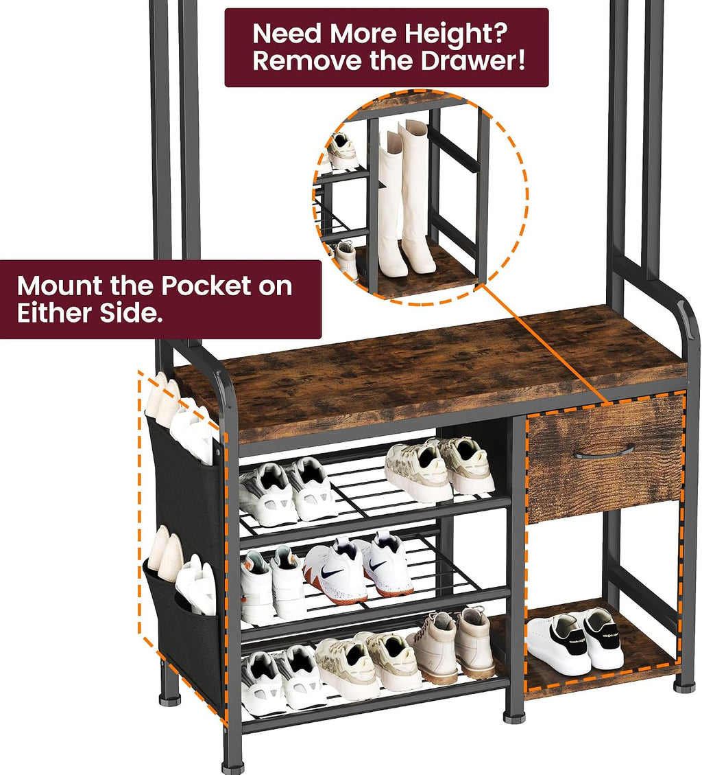 Homeiju Hall Tree with Bench and Shoe Storage, 3-in-1 Entryway Organizer with 6+2 Hooks, Coat Rack with Adjustable Feet for Stability, Mudroom Furniture with Storage Shelf